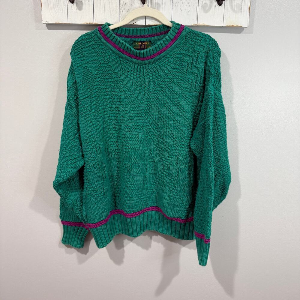 Vintage Alexander Julian Green Cotton Sweater Purple Stripe Size L